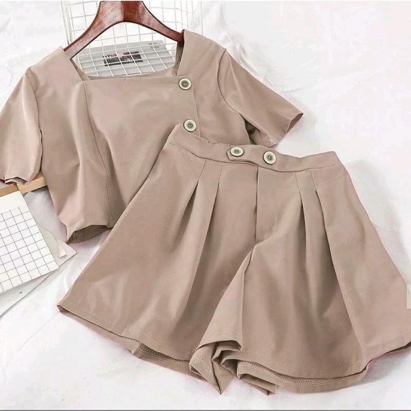 Set Claudia Setelan Baju dan Celana Kancing  Polos Lengan pendek 3