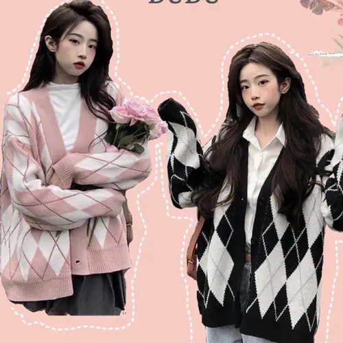 Áo Khoác Cardigan in hình kẻ thoi caro Đen Hồng chất Nỉ