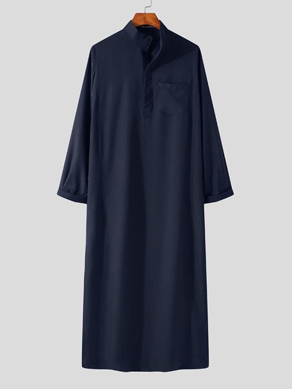 Men's Loose Solid Button Front Split Hem Kaftan, Modest  Mock Neck Pocket Arab Thobe, Casual Men's Islamic Clothing for Daily Wear 8
