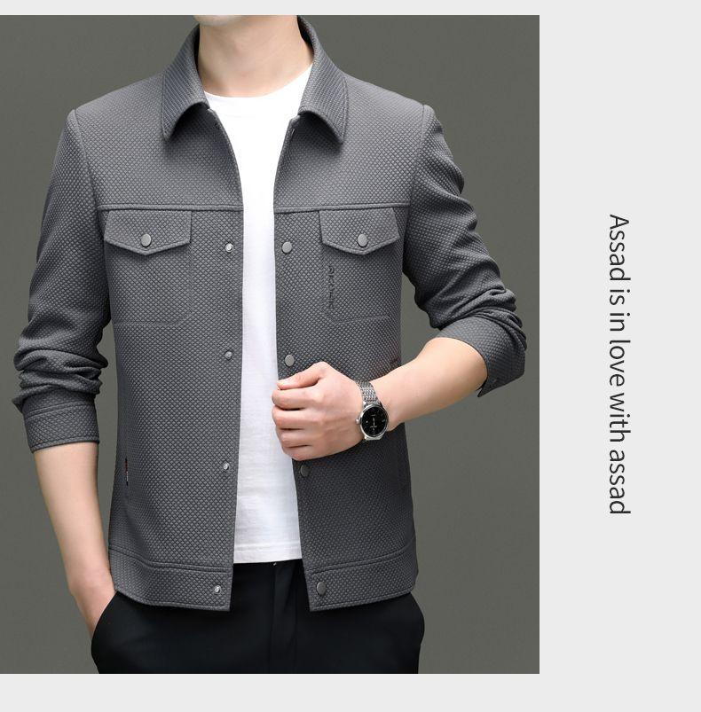 Product Introduction of Spring 2024 Men's Knitted Elastic-Force Jacket Lapel Overalls Korean Style Slim-Fitting Jacket Fashion All-Matching Closed 23