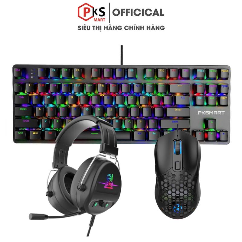 Combo Bàn Phím Cơ Chuột Tai Nghe Máy Tính Có Dây PKSMART K87+X300+TD004 - LED RGB 15 Hiệu Ứng 8 Màu Đơn - Blue Switch - Anti-Ghosting-Full Phím