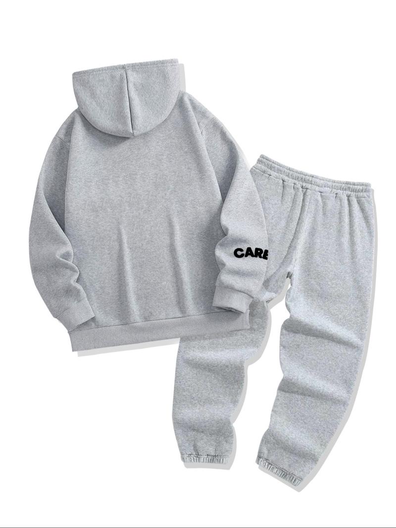 Product Introduction of Two-piece Set Men's Letter Print Pocket Thermal Lined Hoodie & Drawstring Waist Sweatpants, Casual Fashion Cozy Breathable Two Piece Outfits for Daily Workout Running, Men's Clothes for Fall & Winter 6