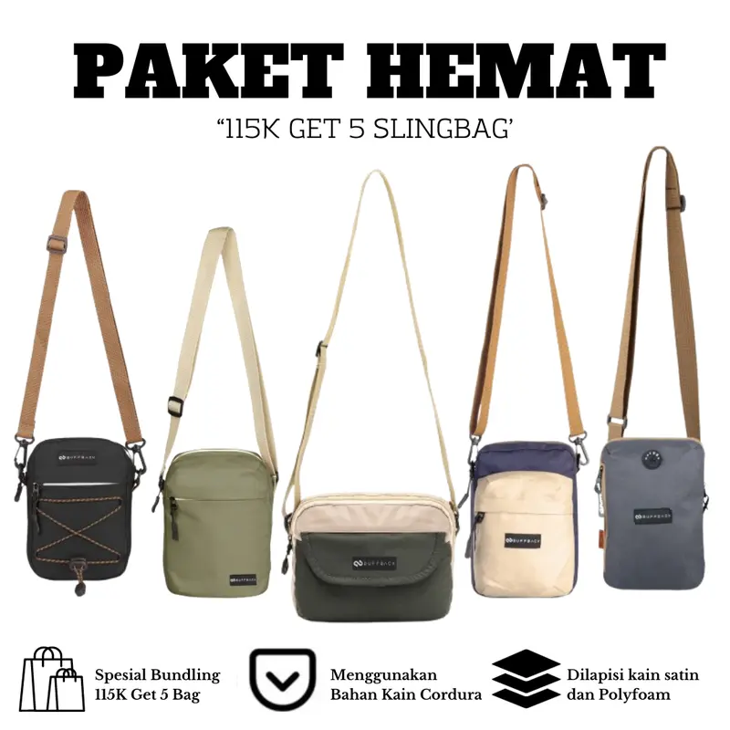 BUFFBACK SPESIAL BUNDLING 115 Ribu Dapat 5pcs Tas Selempang Pria Wanita YWE-77834 Hitam Slingbag 0