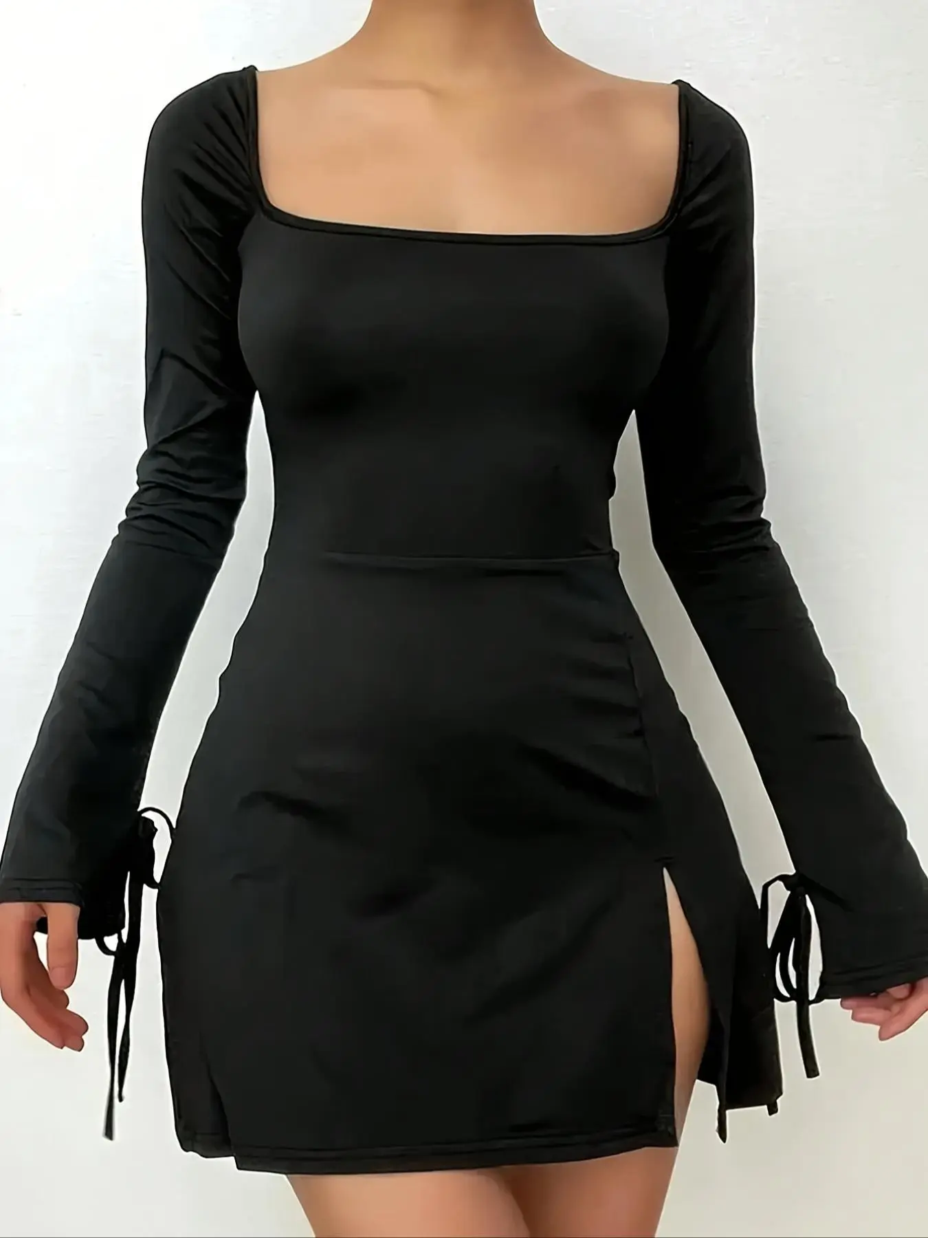 Women's Solid Color Long Sleeve Dress, Casual Sqaure Neck Dress for Spring & Fall, Women's Clothing for Daily Wear