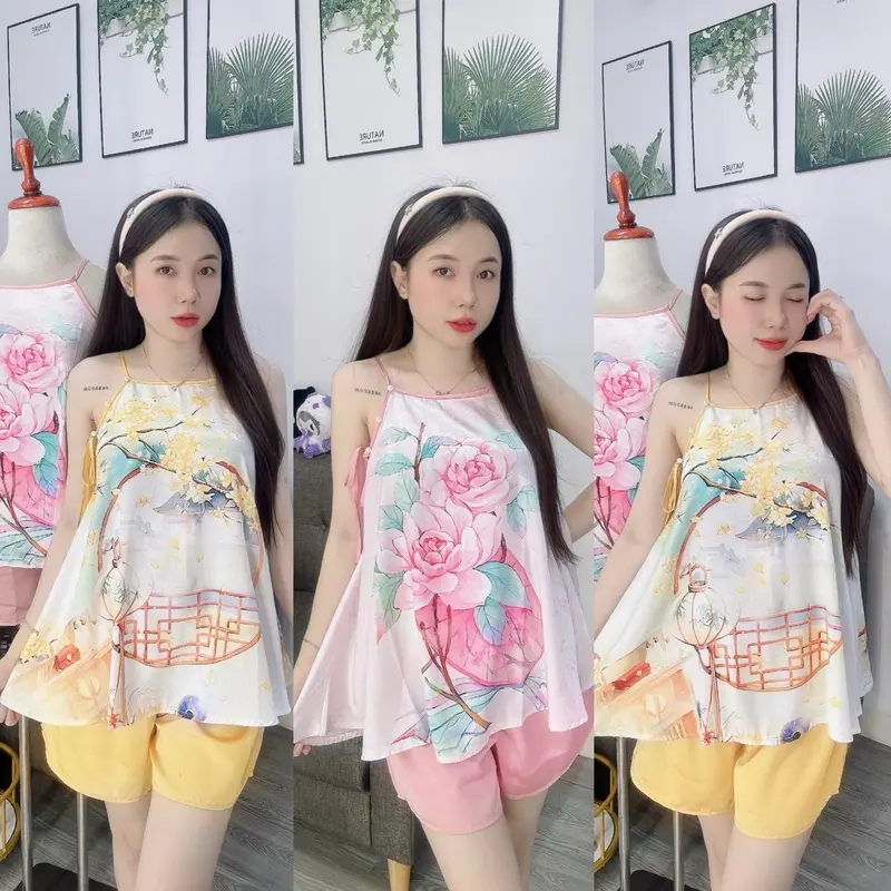 SET BỘ CỔ YẾM MẶC NHÀ XINH XẮN Quần Áo Nữ 0
