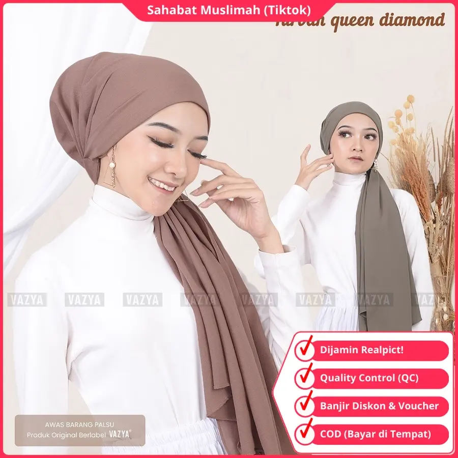 Turban Instan Dewasa Hijab Kerudung Jilbab Wanita Kekinian Perempuan Motif Terbaru 2024 Queen Turban Pesta Dewasa Bahan Diamond Inner Jersey Warna Hitam Putih Navy Milo Mocca Abu-Abu Maroon Pink