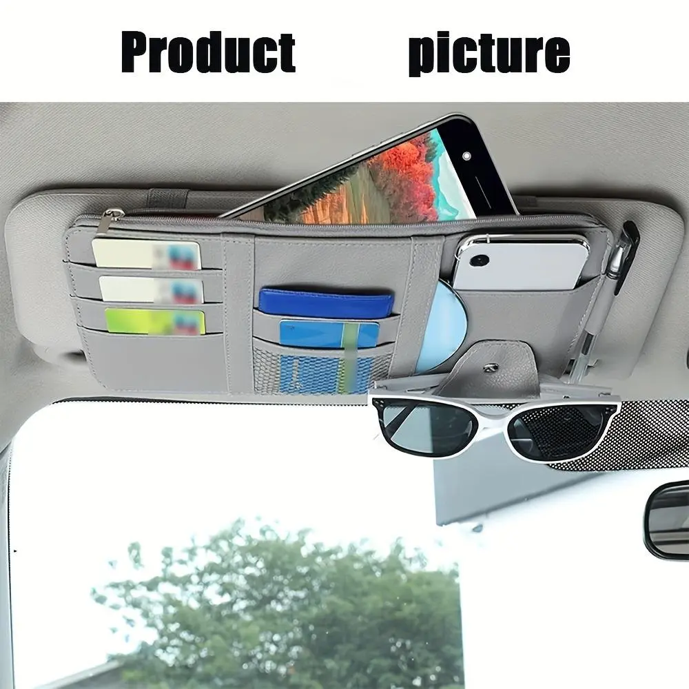 Car Sun Visor Organizer, Multifunctional PU Leather Sun Visor Organizer with Zipper, Sunglass Holder, Car Interior Accessories
