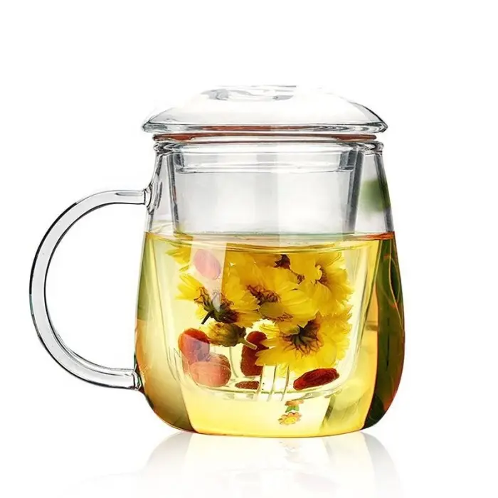 Clear Glass Tea Cup With Tea Infuser Filter & Lid 500ml - Gelas 3 in 1