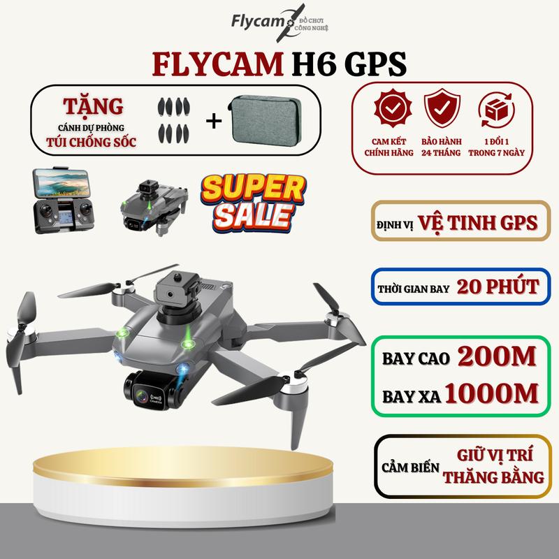 Flycam H6 GPS Pro Max Camera Kép Full HD Có Định Vị GPS Tự Bay Về Khi Hết Pin Mất Sóng Máy Bay Chụp Ảnh Điều Khiển Từ Xa K998 Pro Drone Động Cơ Không Chổi Than Khoảng Cách Bay Xa 1000M,Full Phụ Kiện Đi Kèm Có Đèn Trợ Sáng Bay Ban Đêm
