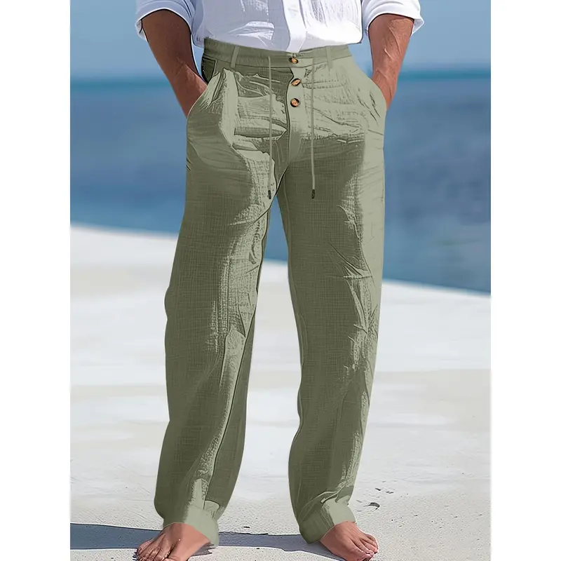 Men's Lightweight Linen Beach Pants -, Straight Leg, Solid with Drawstring Waist & Button Details for Spring/Summer Casual Wear, Outdoor Leisurewear |   Comfortable Leisurewear 4