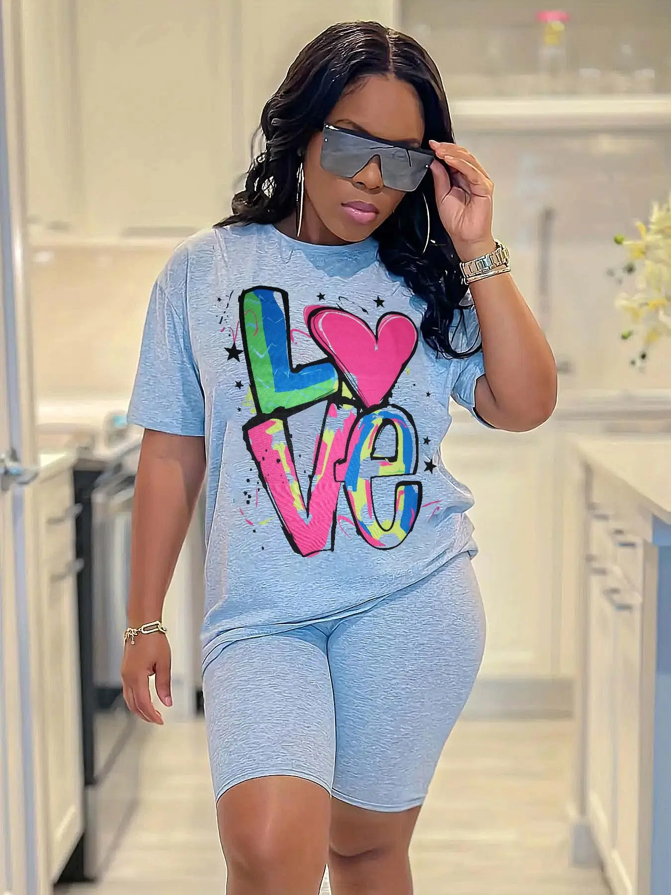 Women's Heart Letter Print Short Sleeve Tee & Plain Elastic Waist Shorts Two-Piece Set, Casual Round Neck T-shirt & Shorts, Ladies Summer Clothes