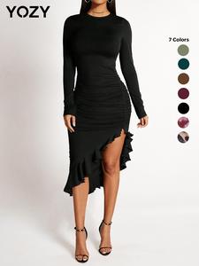 YOZY Women's Plain Ruched Ruffle Trim Asymmetrical Hem Bodycon Dress for Party Club Dating Wear, Ladies Spring & Fall Clothes