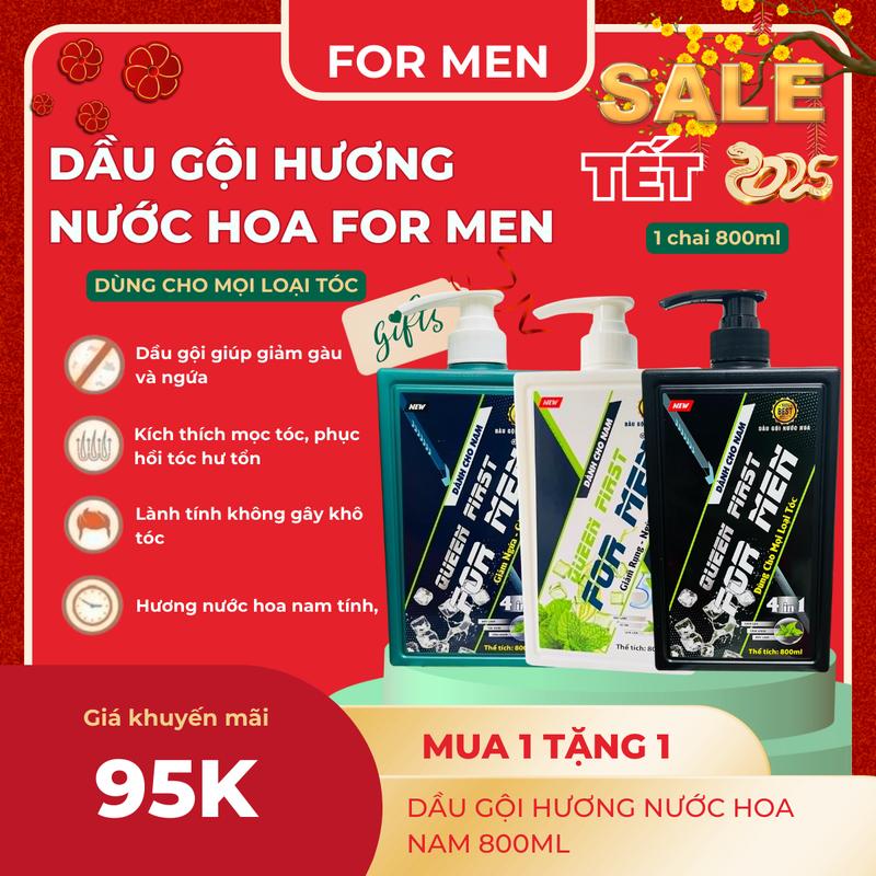 [MUA 1 TẶNG 1] Dầu Gội Hương Nước Hoa Queen First For Men 800ml - Giảm Gàu Và Ngứa, Hương Nước Hoa Nam Tính - Dưỡng Tóc