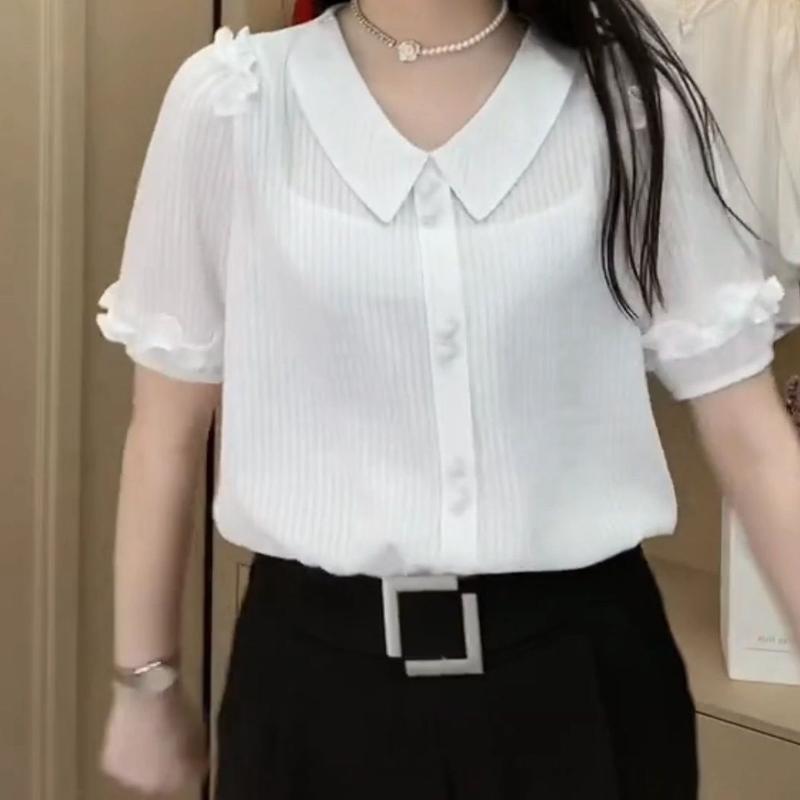 Áo Thun Ngắn Tay Cho Nữ, Áo Voan Có Cổ Búp Bê, Quần Áo Cho Mẹ, Áo Thời Trang Đa Năng 2