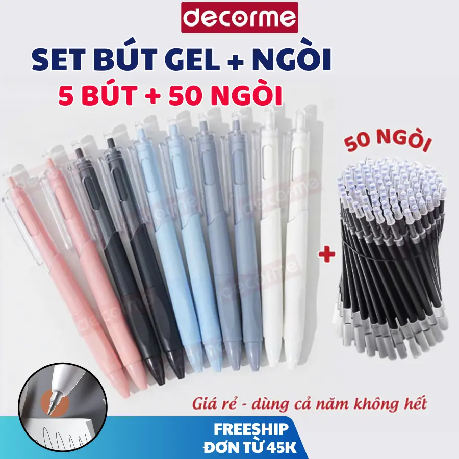 Set 5 bút 50 Ngòi Bút Bi gel bấm trắng Decorme bút gel đen viết mực đen bút gel bấm ngòi 0.5mm viết trơn mượt