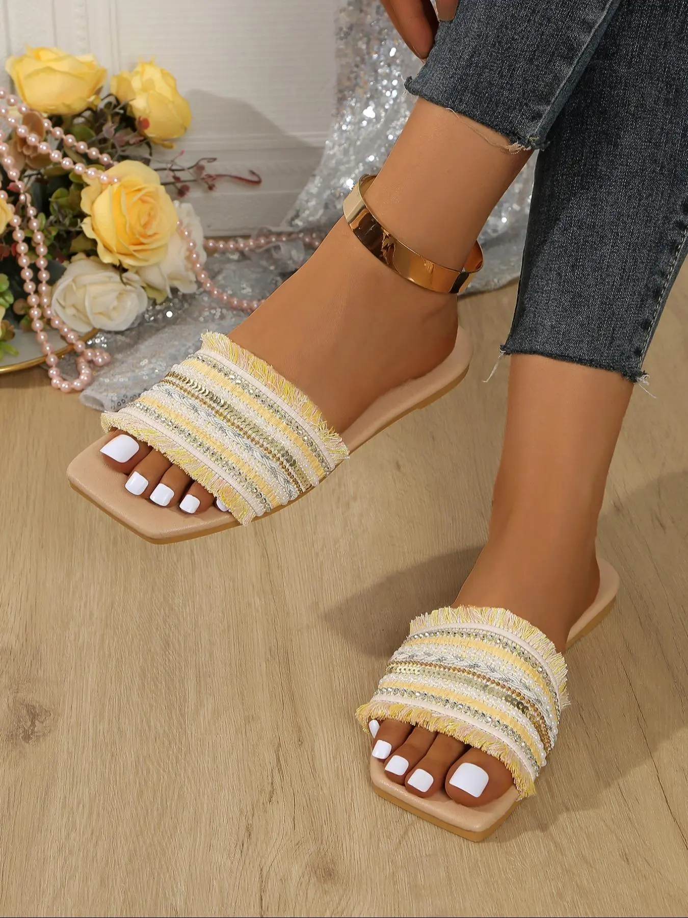 Women's Fashionable Ethnic Pattern Slip on Sandals, Casual Comfortable Breathable Sandals for Beach, Non-slip Soft Sole Sandals for Indoor & Outdoor Wear, Walking Shoes