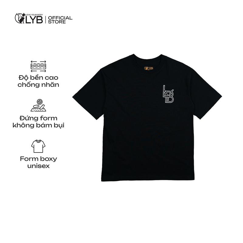 Áo thun cotton 100% LYB freesize, unisex form boxy cá tính, năng động, logo nhỏ màu đen basic dễ phối. 0
