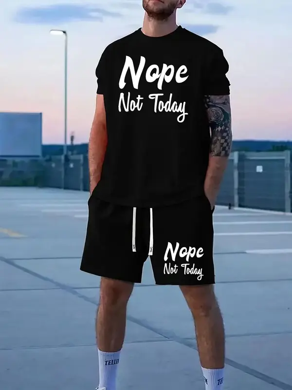 Men's Regular Fit Nope Not Today Letter Print Short Sleeve Tee & Shorts Set, Casual Round Neck T-shirt & Track Shorts, Men's Two-piece Outfits for Daily Wear 0