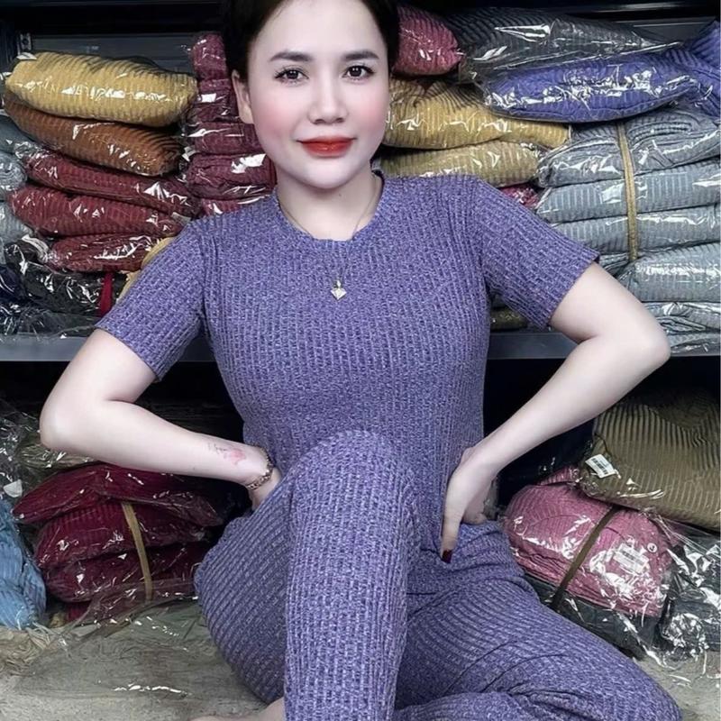 Set Bộ Mặc Nhà Áo Cổ Tròn Tay Ngắn Quần Dài Ống Ôm Vải Gân Đũa Lạnh Thoáng Mát Nhiều Size 0