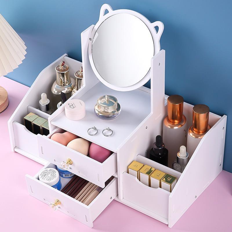 Kệ Để Đồ Trang Điểm, Tủ Đựng Mỹ Phẩm Mini Có Gương Tai Mèo Decor, Thiết Kế Tiện Lợi Comestic Kitchen