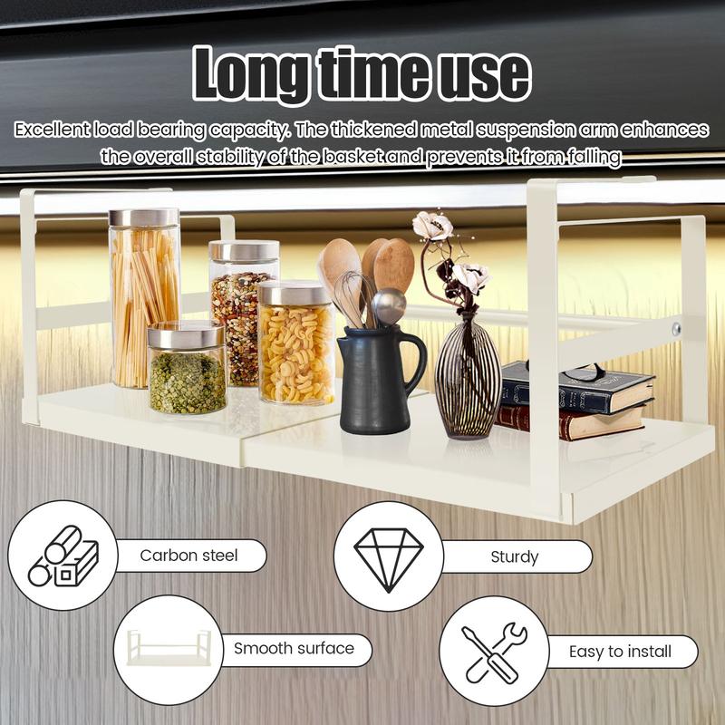 Product Introduction of Expandable Under Shelf Storage Carbon Steel Under Shelf Basket Hanging Under Shelf Organizer Slide in Under Cabinet Shelf for Pantry Cabinet Laundry Room c05Pp 30