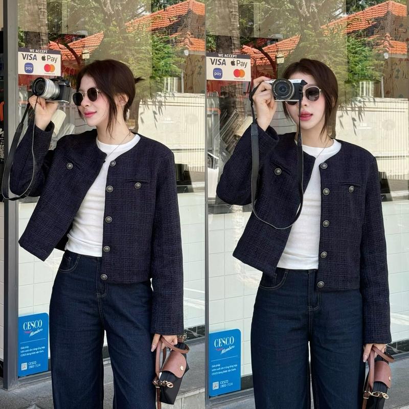 (TẶNG KÈM MÓC ÁO KHOÁC) Áo dạ tweed nữ xanh than cúc đồng dáng rộng A118