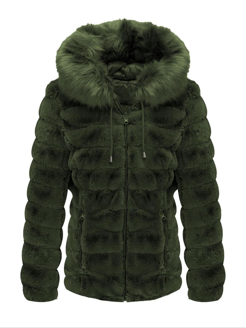 Product Introduction of Women's Solid Color Contrast Faux Fur Reversible Hooded Jacket, Casual Warm Long Sleeve Drawstring Quilted Coat for Fall & Winter, Women's Clothing for Daily Wear 6