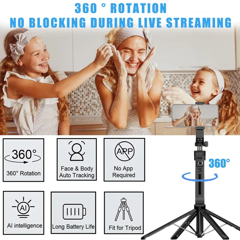 Auto Face Tracking Tripod, 360° Rotation Phone Holder with Remote Control, Moving Tripod for Video Live Stream, Phone Camera Stabilizer, Selfie Stick, Electronics Accessories, Black, Smartphone, Cellphone 6