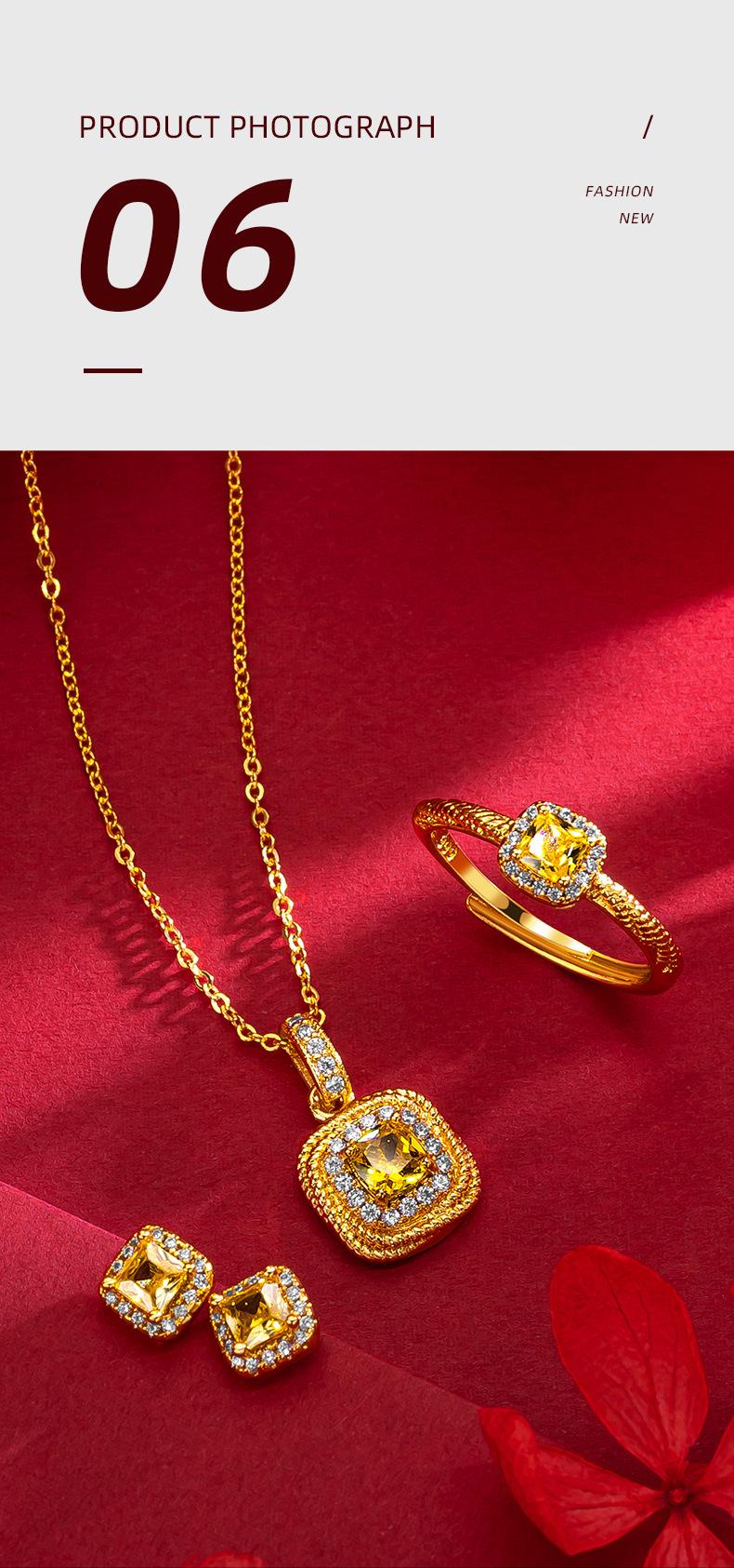 Product Introduction of Women's Light Luxury Super Shiny Small Sugar Cube Yellow Diamond Necklace Bracelet Ring Earrings Gold Plated High-end Internet Celebrity Sugar Cube Four-piece Set 9