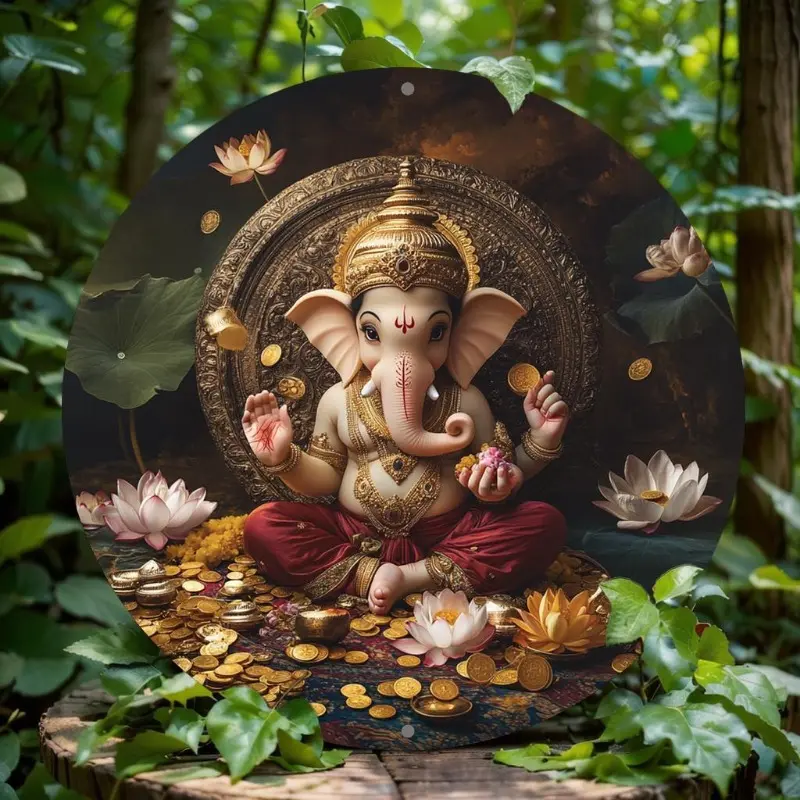 1pc, 8x8 Inch Round Aluminum Sign, Ganesha 2D Flat Print, Festive Metal Wall Art, Easy Install for Bar, Kitchen, Coffee, Home, Living Room, Office, Party Decor, Holiday Gift, Artistic Drawing Set