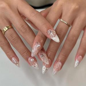 3D Bow & Star Pattern Fake Nail & 1 Sheet Tape & 1 Nail File, 24pcs/set Fashion Press on Nails for Women & Girls Elegant Stick on Nails Kit, Christmas Gift