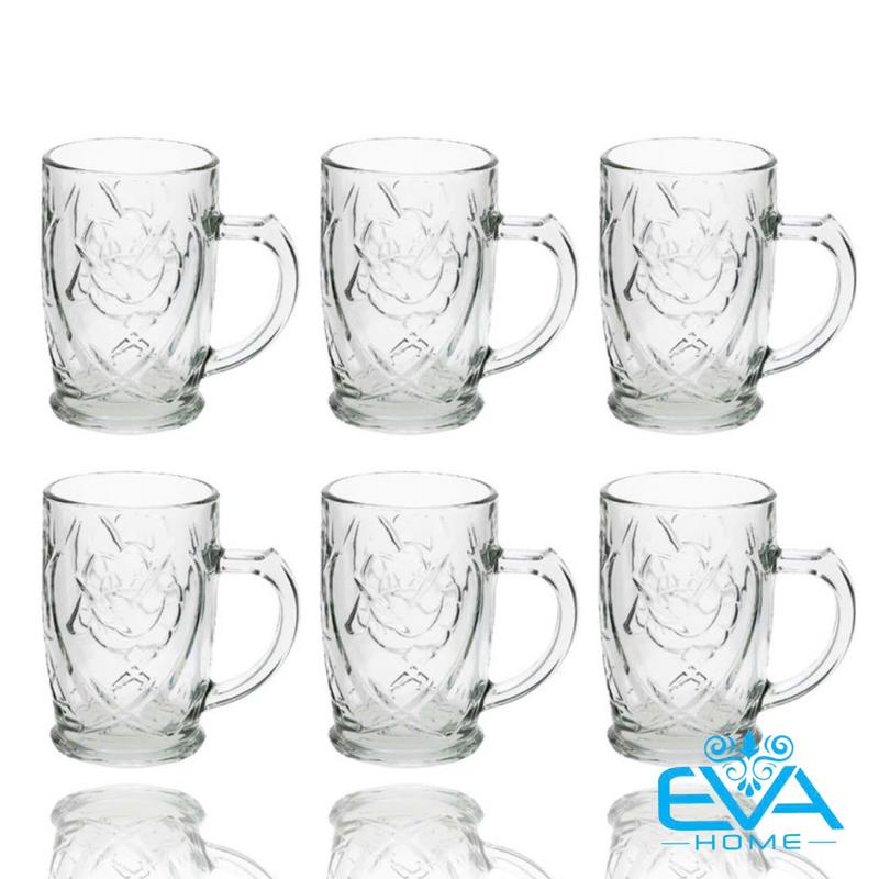 Bộ 12 Ly Coffee Glass Mug Rose Pearl BH400 Cốc Ca Quai Thuỷ Tinh Bông Hồng 390ML