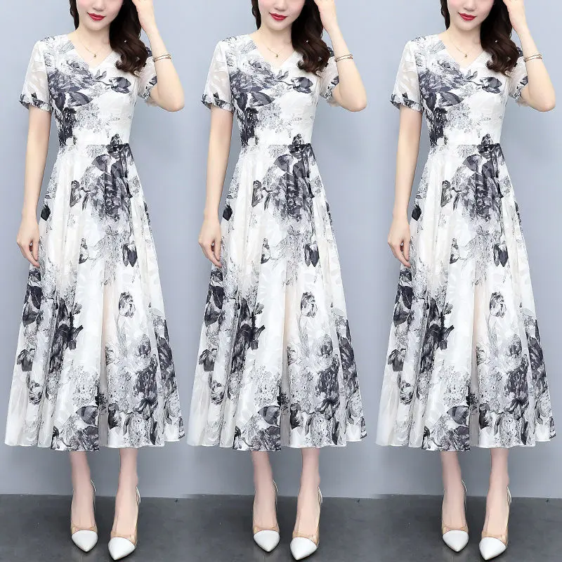 2025 Summer New Women's Floral Chinese Style Ink Painting Dress Plus Size Waist Slimming Belly Covering Long Dress
