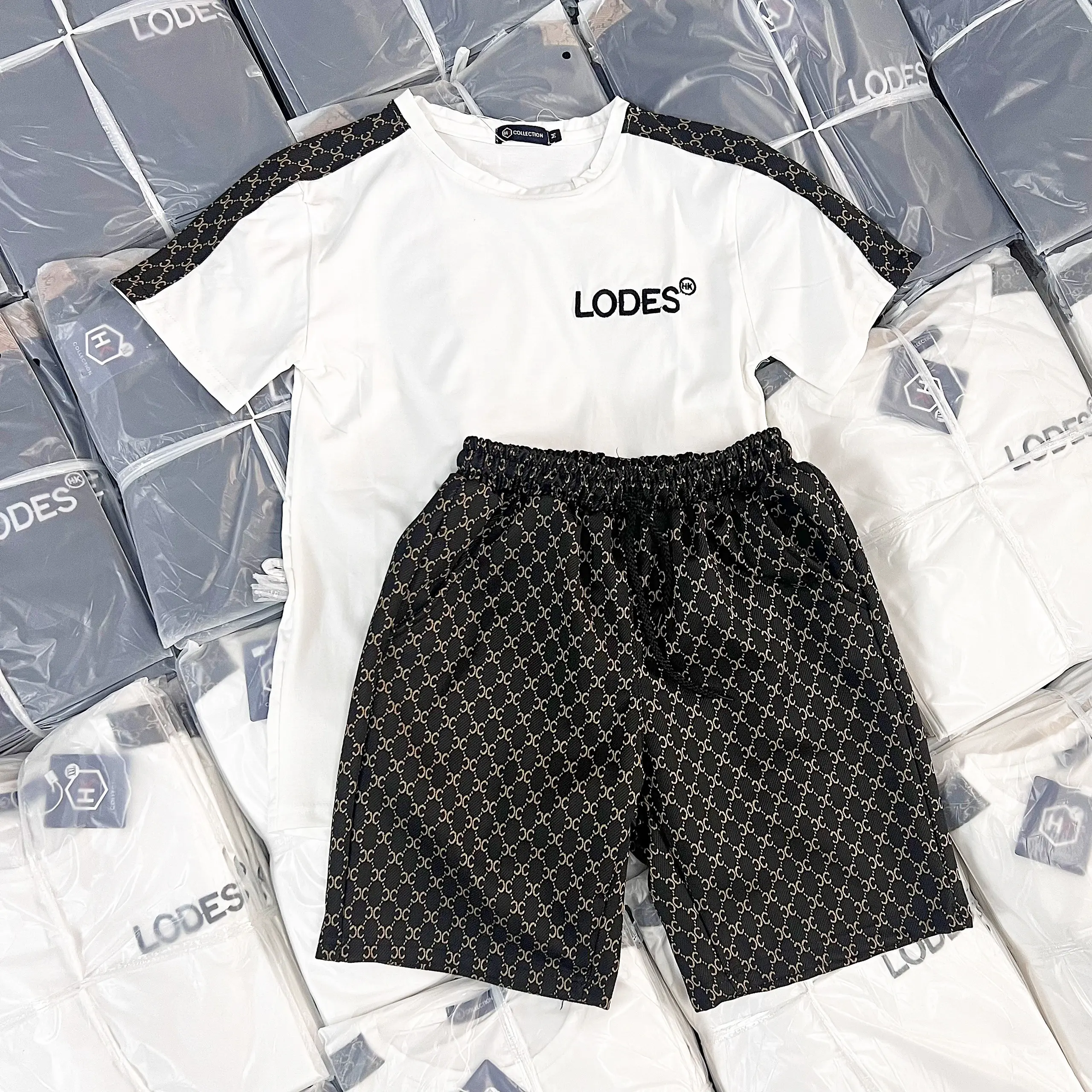 Set bộ áo thun cổ tròn thêu chữ Lodes viền vai, quần chất umi mịn mát mẫu mới chuẩn form Menswear