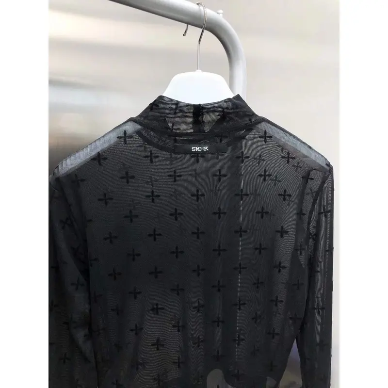 Áo Thun Turtleneck Trong Suốt, Vườn Đêm Đông Xứ Đông Nam, In Đổ Xô Chéo Dài Tay, Áo Lớp Nền Lưới, Đầu Xuân 2022 Menswear Cổ Tròn 3
