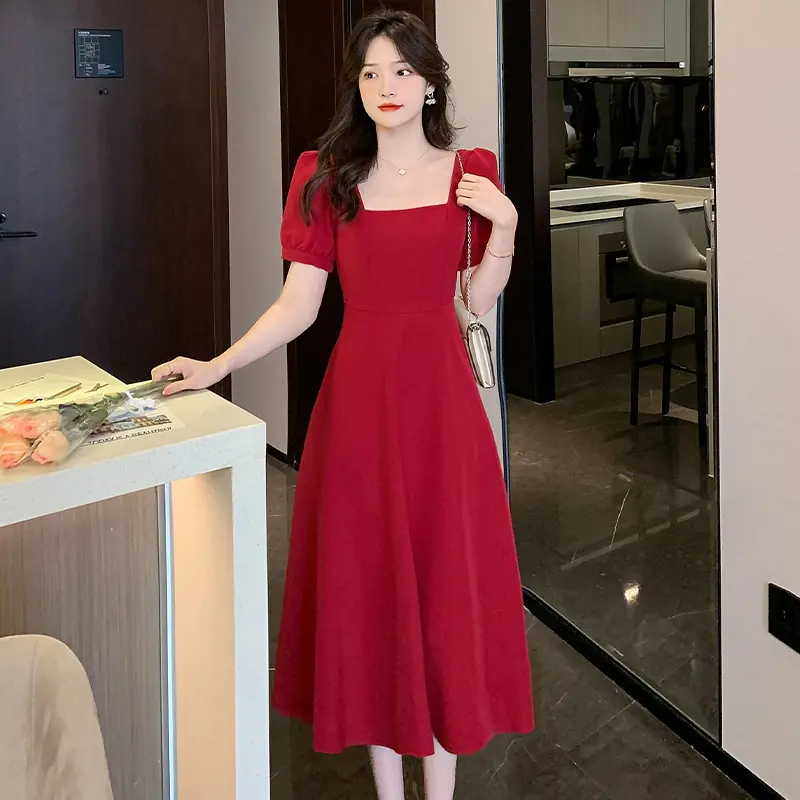7995 red long dress korean style elegant white dinner dress women for party  plain black dress plus size puff sleeve wedding dress square neck casual  green cocktail dress formal