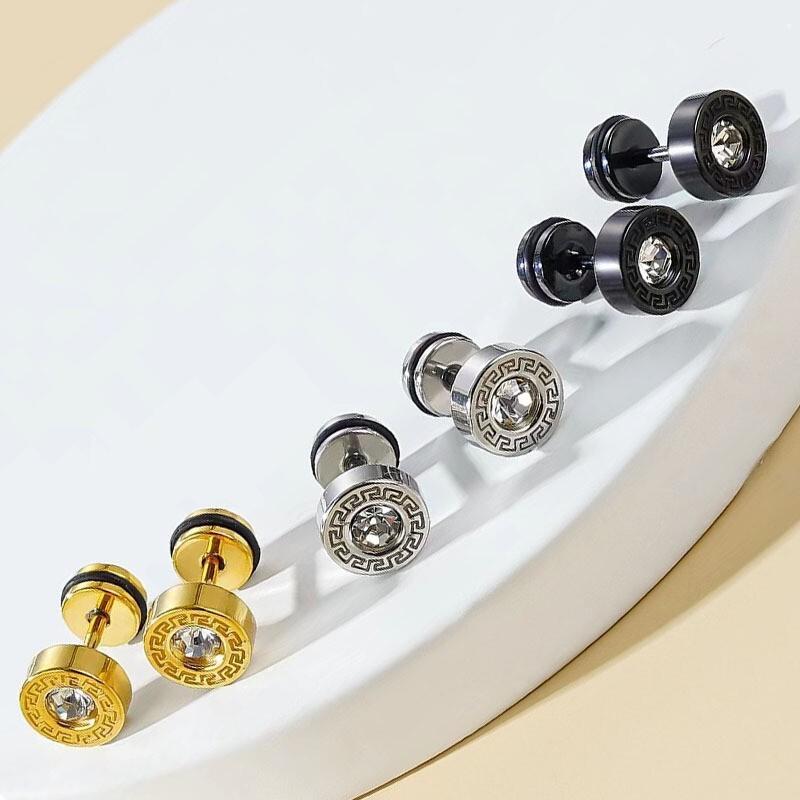 Product Introduction of Stainless trendy Great Wall pattern diamond studded screws studs fashionable punk titanium steel ear accessories 3