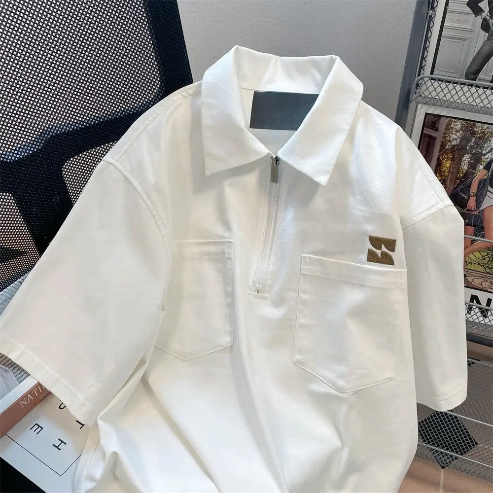 Áo Thun Khóa Kéo Nửa Phong Cách Preppy, Thời Trang Trung Quốc Cổ Polo, Dành Cho Bé Trai Và Bé Gái, Hàng Mới Về Mùa Hè, Dáng Rộng Rãi, ngắn Tay, Áo Ins, Cổ Áo Polo
