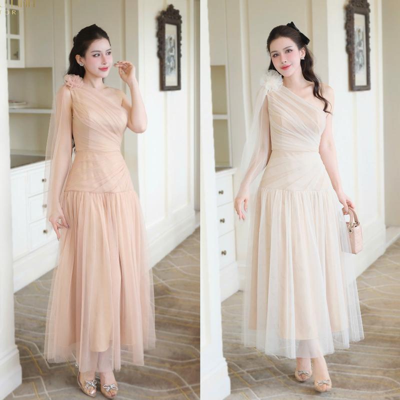 [Kiều Linh]-Váy Maxi Dự Tiệc Thiết Kế Lệch Vai KL281 chất liệu Lưới cao cấp, 2 Lớp Lót, Giấu Đường May, kết Hoa vai 0