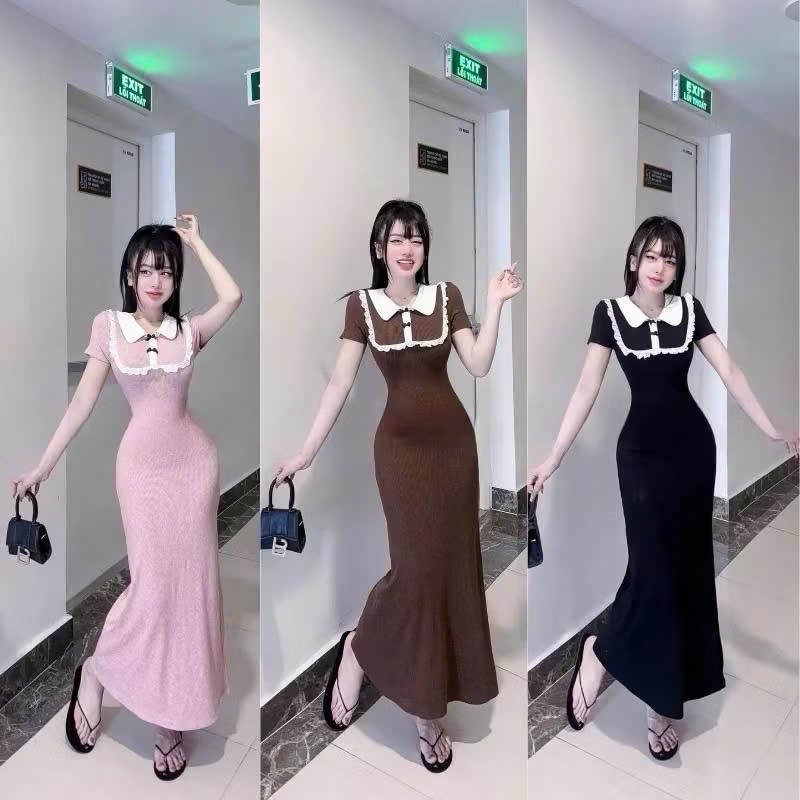 Đầm ôm body cổ sen nơ tay ngắn dáng dài thanh lịch - đầm nữ Thun gân lạnh H627 Váy boby , váy body nữ tôn dáng , váy xinh , váy đi tiệc , váy đi biển