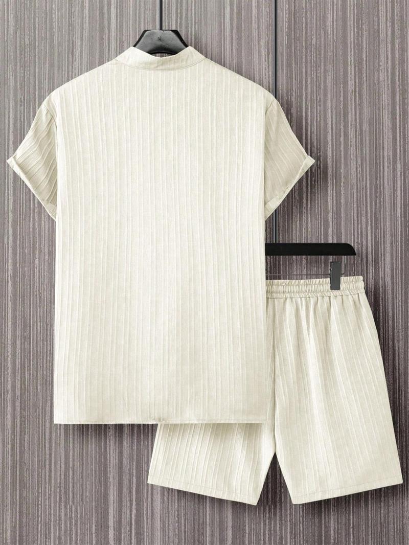 Product Introduction of 2 Counts Men's Plain Short Sleeve Two-Piece Set, Regular Fit Casual Letter Patched Button Front Stand Collar Shirt & Pocket Drawstring Waist Shorts, Menswear Clothing, Shortsleeve Suits, Outfits for Summer 20