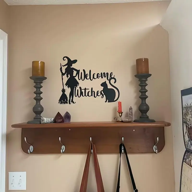Halloween Themed Wall Art Decor, Witch & Cat & Broomstick Welcome Sign, Festive Hanging Home Decor & Holiday Door Plaque 3