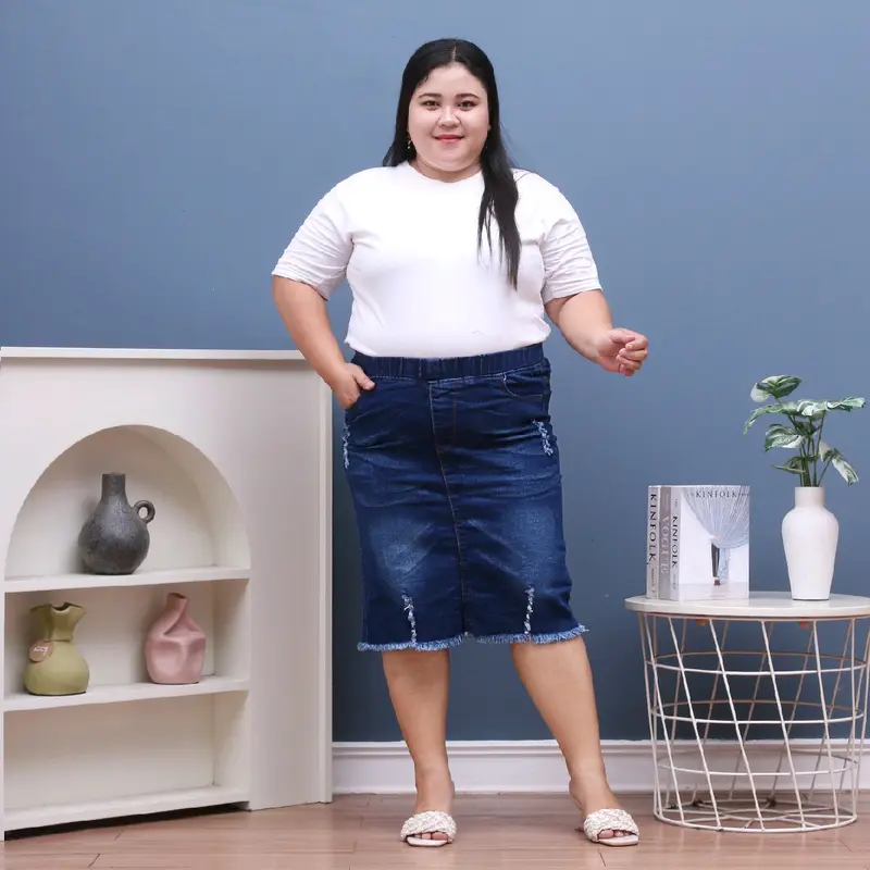 Rok Jeans Wanita Pinggang Karet Stretch Premium - Ukuran 31-43 - Span, Denim, Pendek, Panjang 1