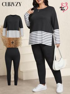 CURVZY Plus Size Two-Piece Set Striped Patchwork Print Split Hem Sweatshirt & Skinny Pants, Casual Round Neck Long Sleeve Pullover & Trousers for Daily Wear, Women's Two-piece Outfits for Spring & Fall