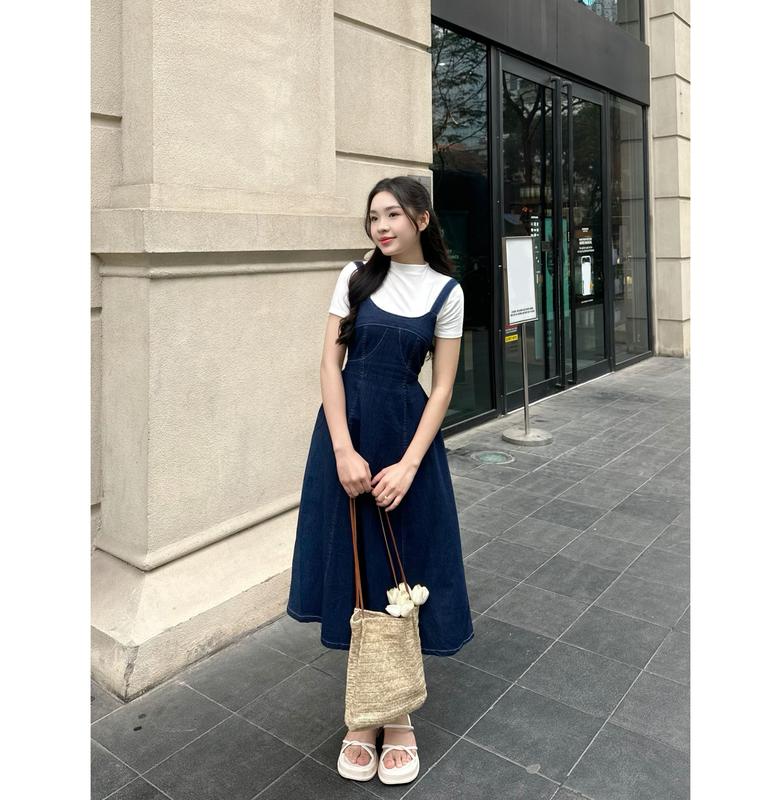 Váy jeans 2 dây 29feb.closet yếm bò thiết kế lưng chun dáng xòe dài phong cách Hàn Quốc dễ phối đồ năng động - V31 Nữ Women 5