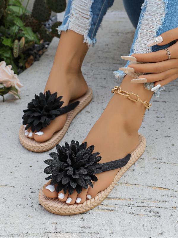 Women's Flower Decorated Flip Flops Slippers, Casual Comfortable Flat Sandals for Beach, Fashionable Barefoot Shoes for Indoor & Outdoor Wear 3