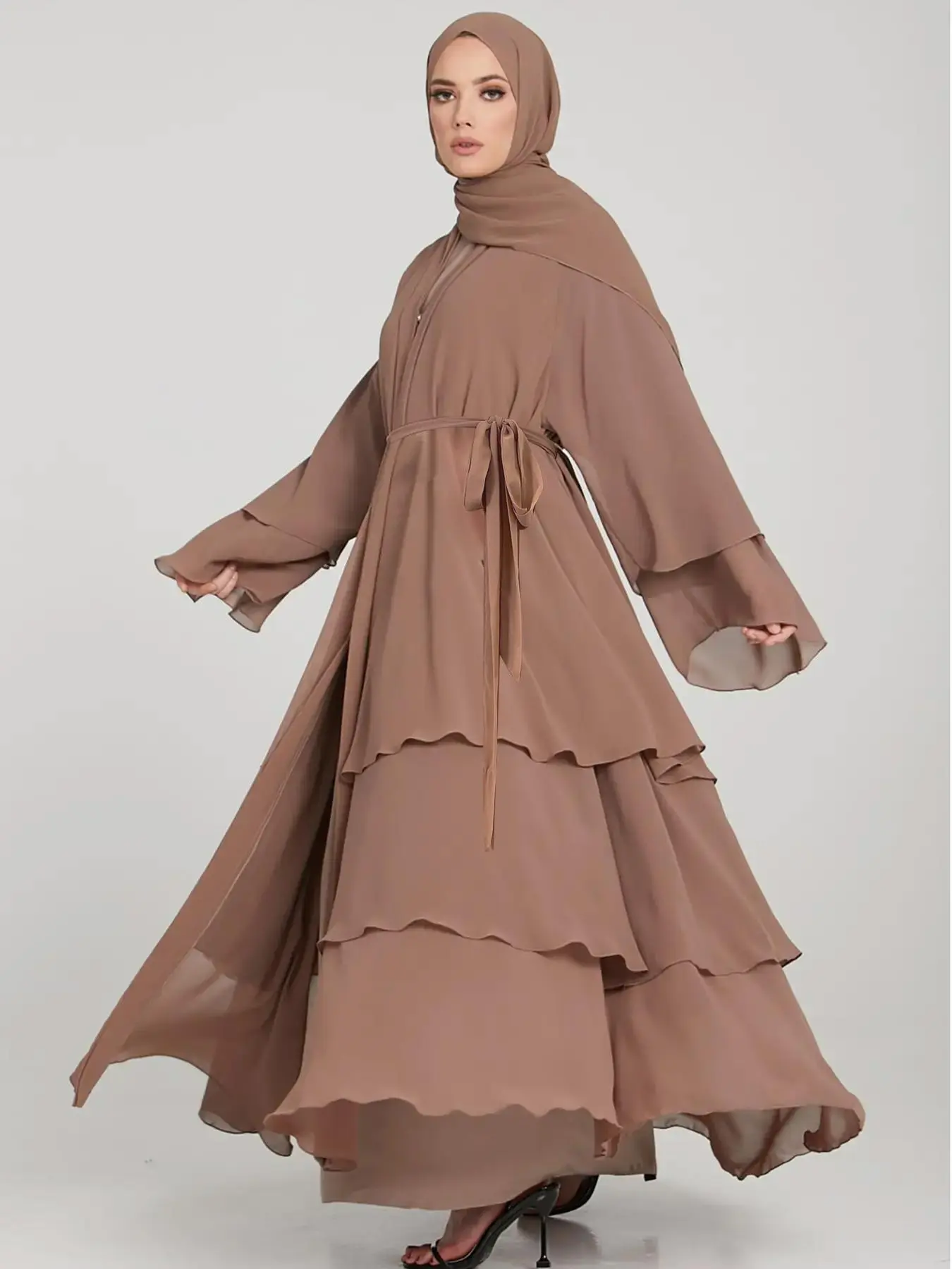 Arabic Clothing-chiffon Layered Sleeve Belted Abaya without Hijab, Open Front Arabian Robe Loose Abayas, Abayas for Eid, Muslim Clothes for Women, Abayas for Women, Modest Clothes