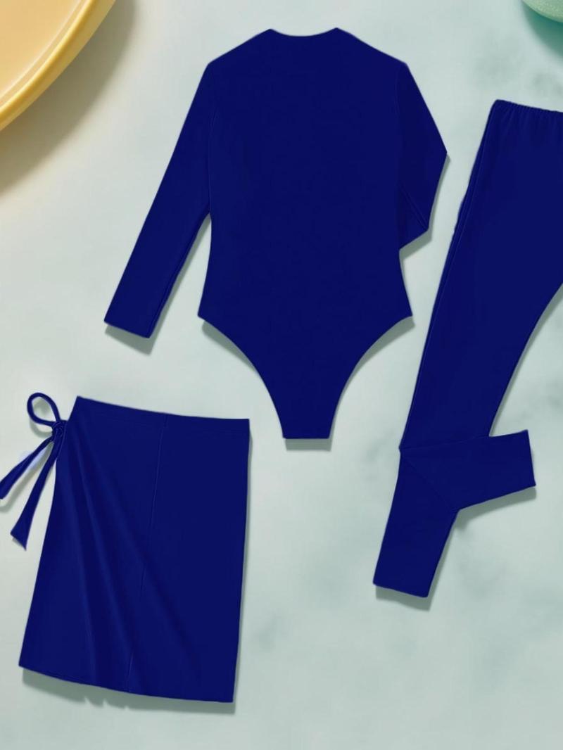 Product Introduction of Women's Solid Zip Up One-piece Swimsuit & Tie Side Cover Up Skirt & Skinny Pants Swimsuit Set, Casual Swimwear Set for Beach Swimming, Ladies Swimsuit for All Seasons 4