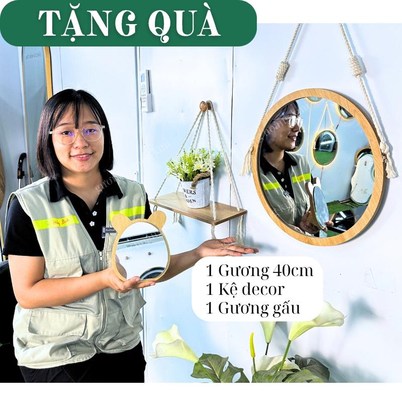 Tặng 2 món QUÀ, Gương trang điểm treo tường, gương tròn viền gỗ Decor Phòng, gương trang trí Nhà đường kính 40cm, tặng kệ decor 1 tầng và gương gấu. Gương Toàn Thân Đồng