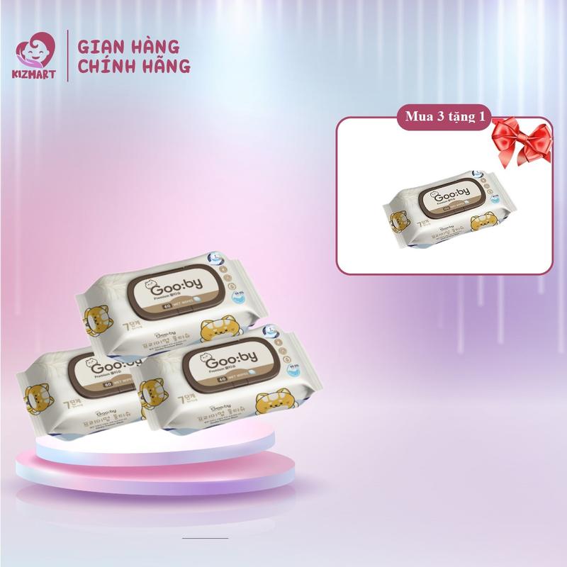 [Mua 3 Tặng 1] Khăn ướt Gooby Premium 60 tờ cao cấp, không cồn, không parabens, mềm mịn, an toàn với da trẻ nhỏ Voi